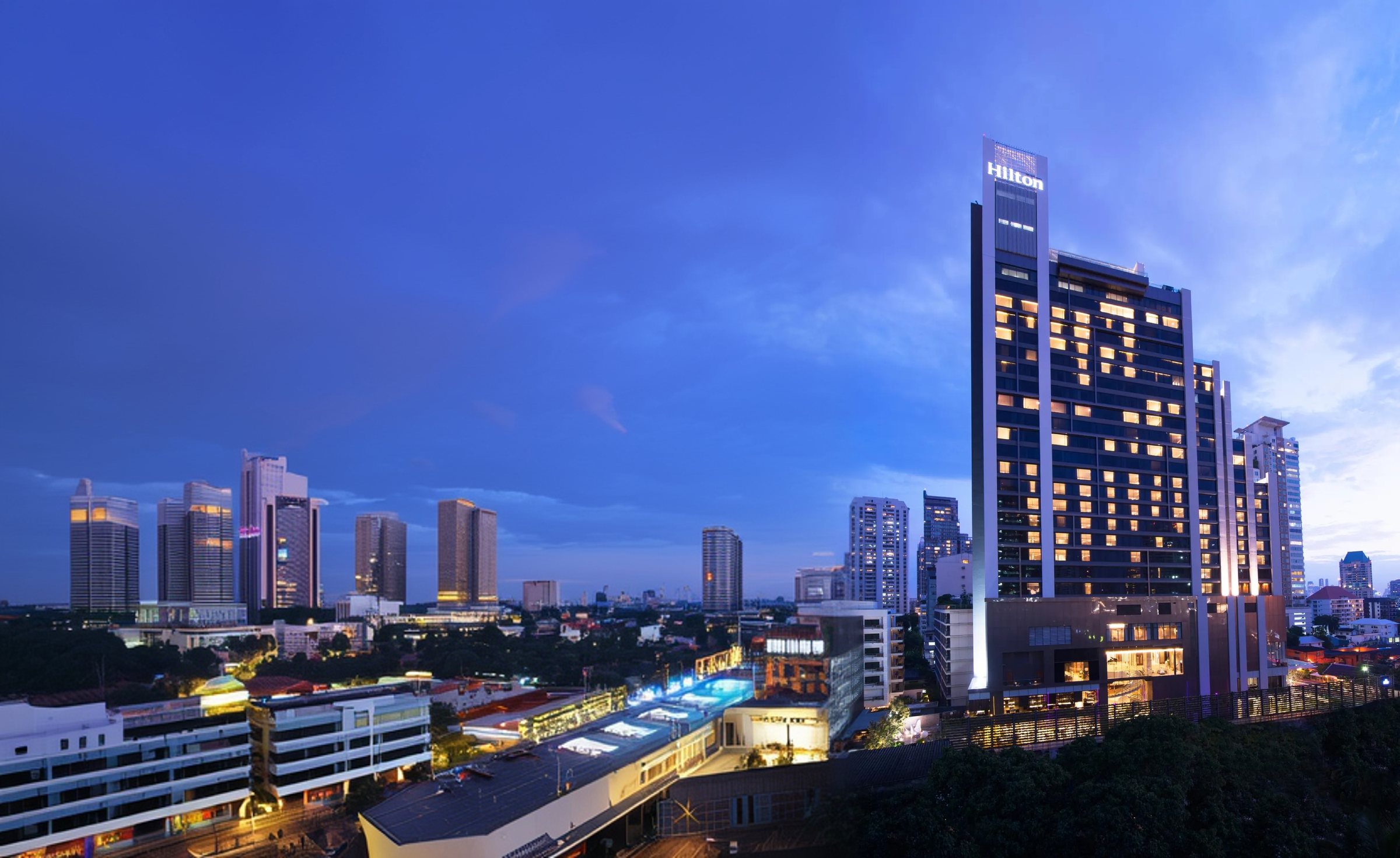 City skyline at dusk seen from the hotel