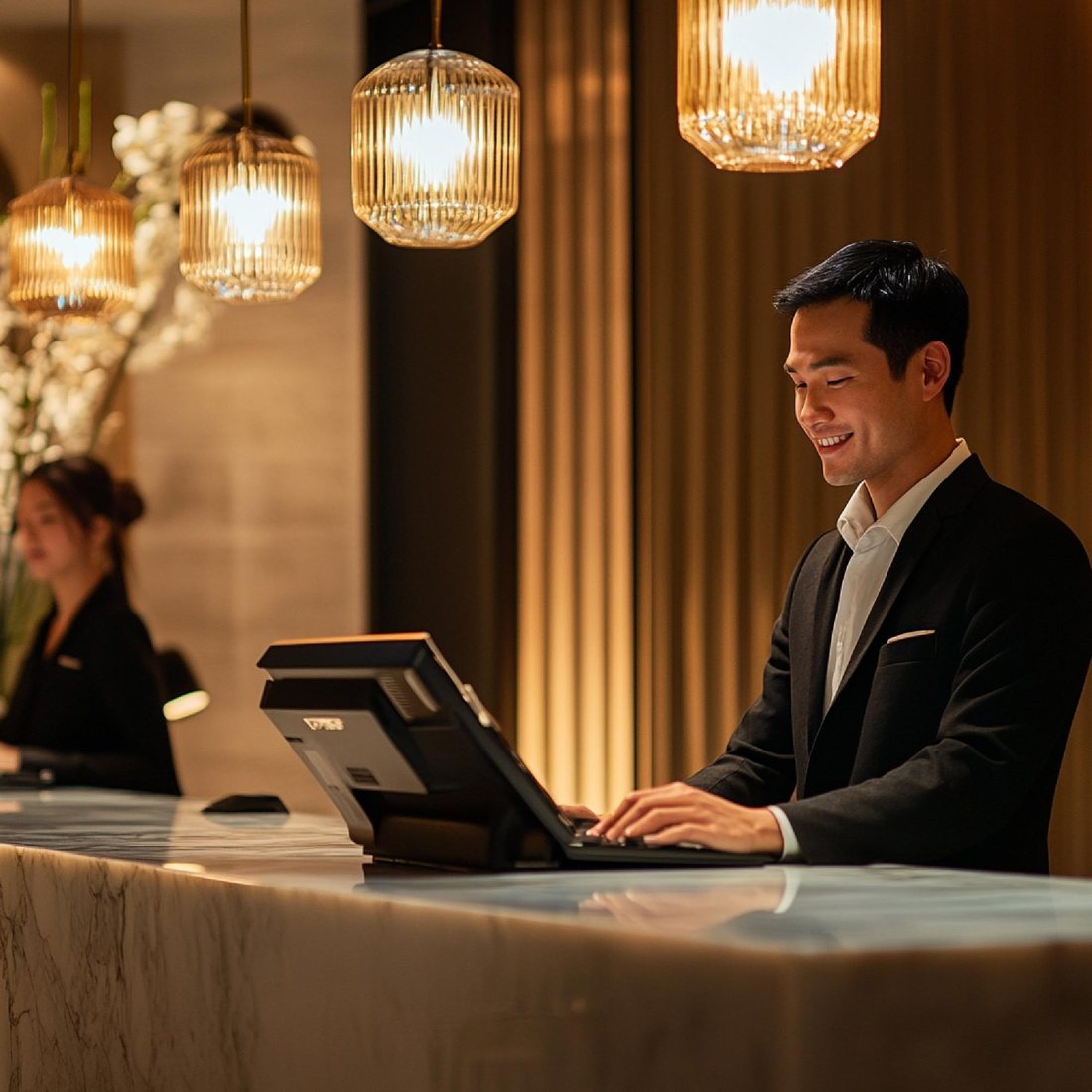 Hotel receptionist welcoming a guest at the front desk